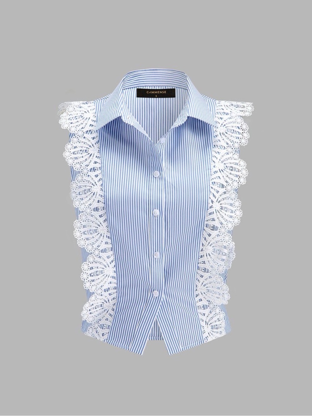 Commense Blue & White Pinstripe Lace-Trim Button Down Top
